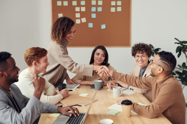 Colleagues shaking each other's hands at a meeting