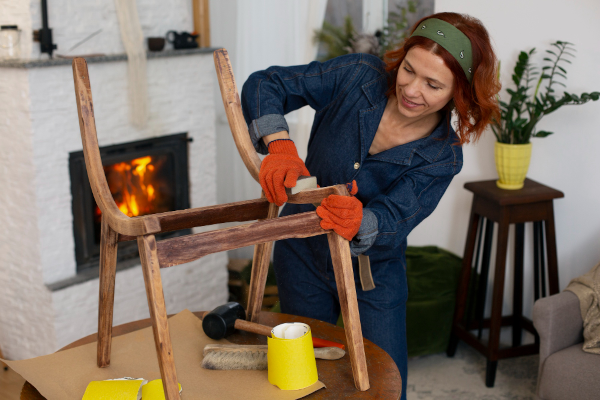 A women polishing a chair in her own home