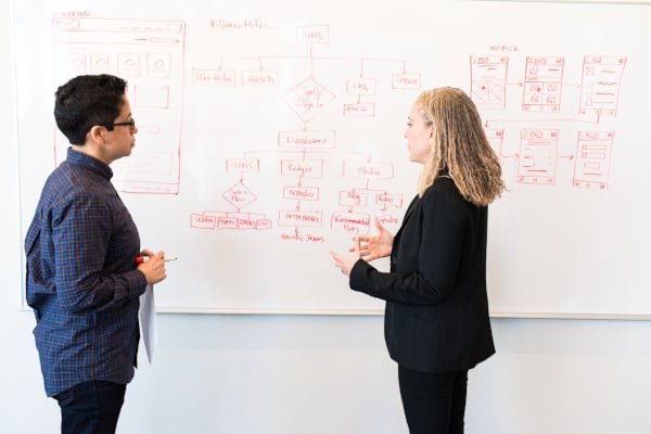 Woman in a black coat in front of a white board