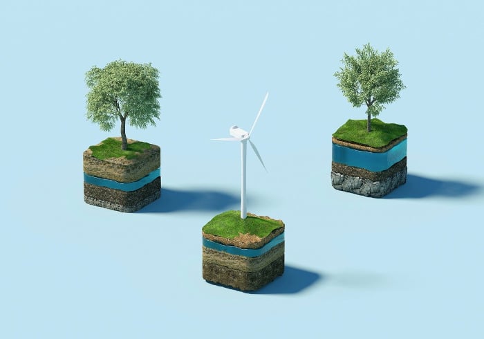 Two trees and a wind turbine, showing the importance of industrial eco-friendliness.